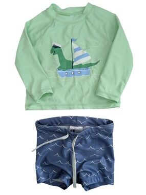 🩵 4/$20 Joe Fresh‎ Dino Swim Rashguard and H&M Shorts Set 6-12m